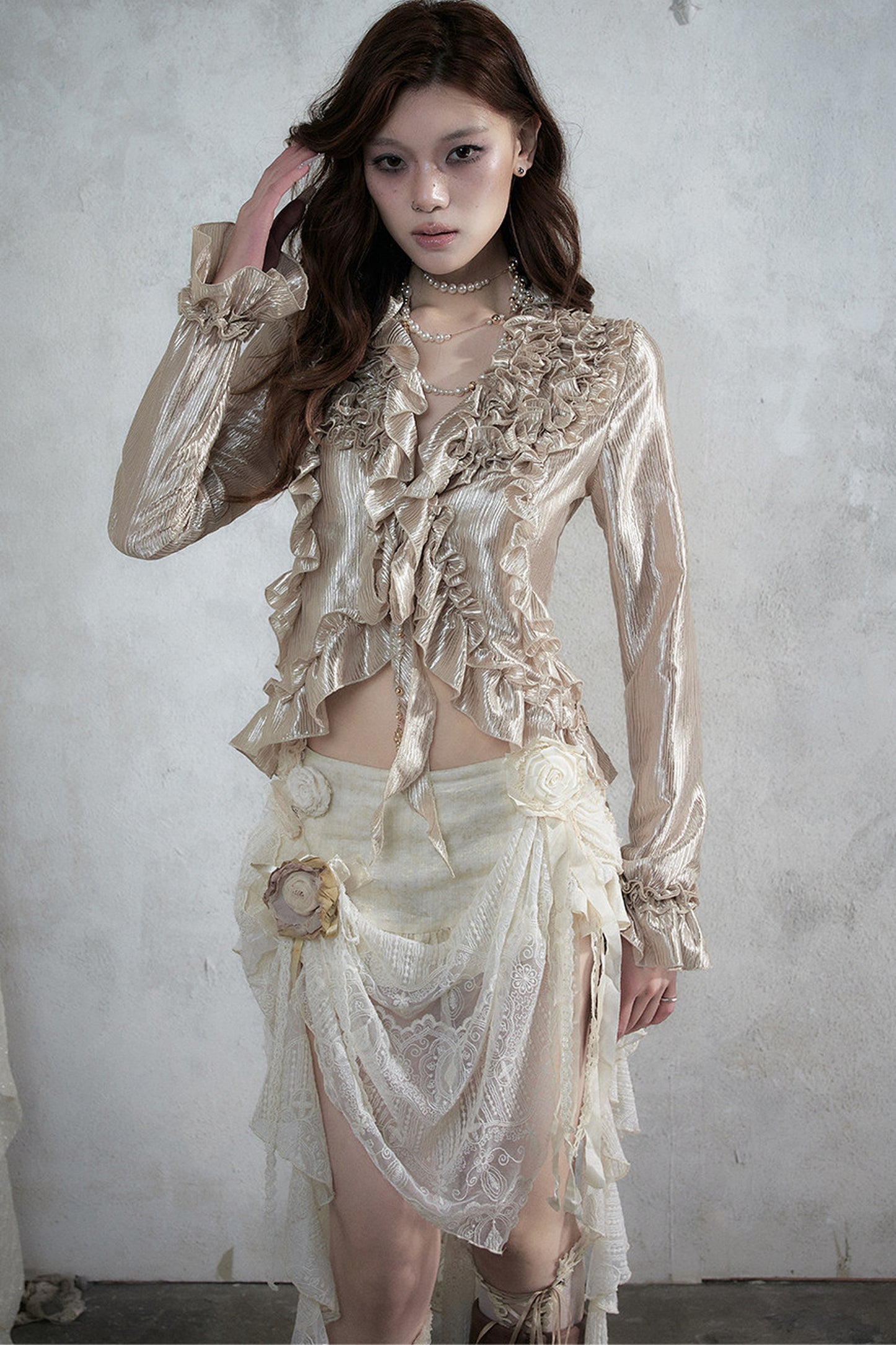 Ruffle Trim Tie Waist Long-Sleeved Blouse
