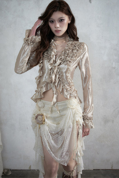 Ruffle Trim Tie Waist Long-Sleeved Blouse