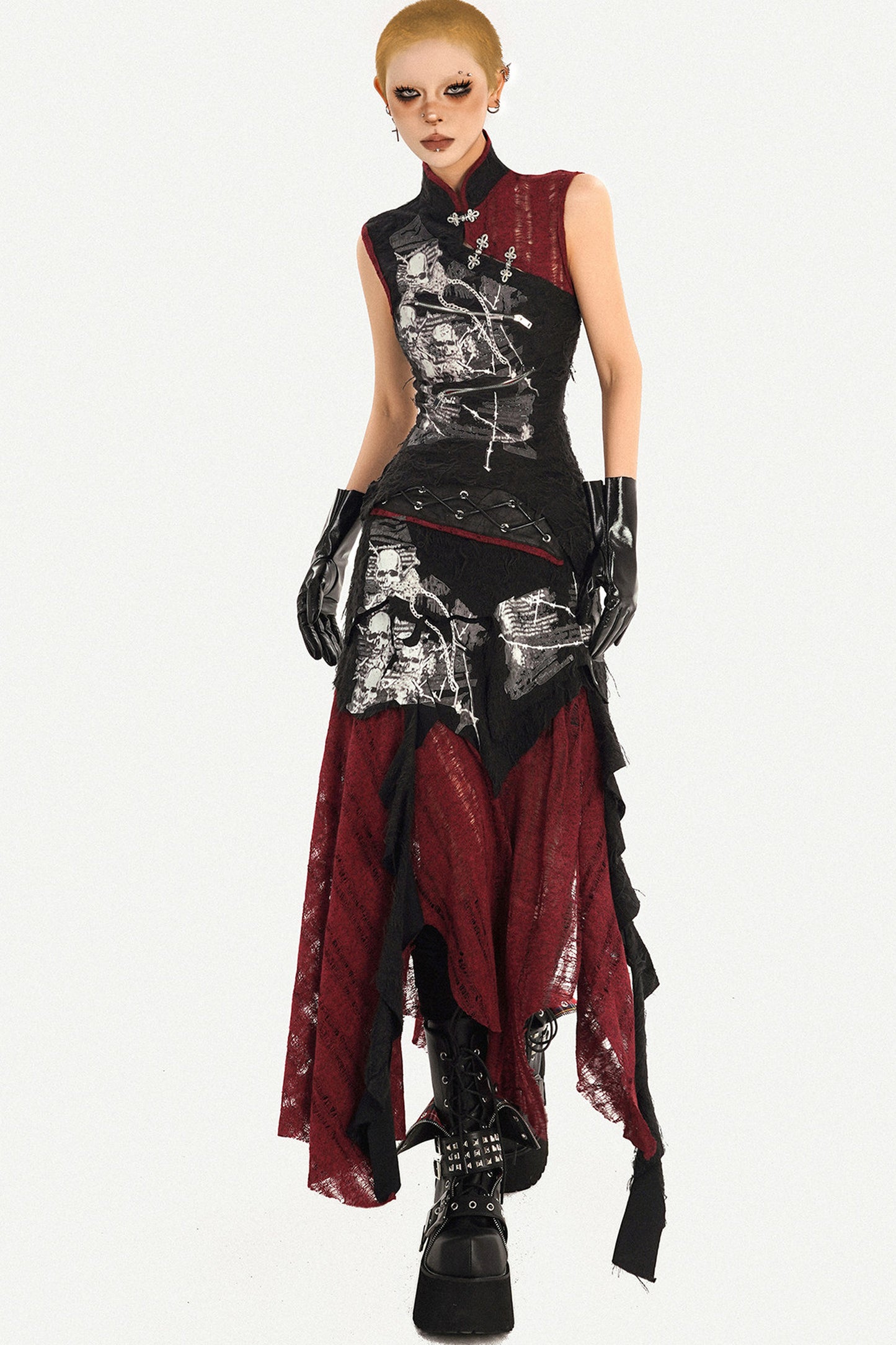 Gothic Cheongsam Sleeveless Top and Long Skirt Set-Up