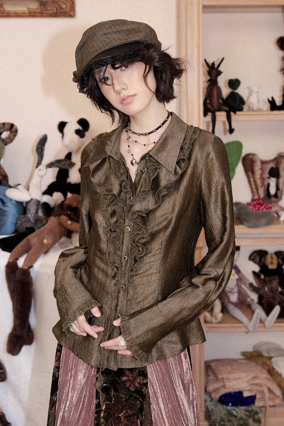 Ruffled Acetate Chiffon Shirt and Skirt Set-Up