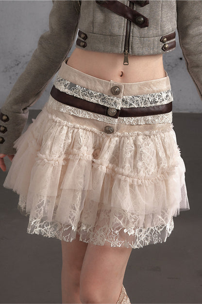 Lace Patchwork Pleated Multi-Layered Puffy Skirt