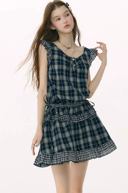 Dark Blue Plaid Flutter-Sleeve Dress