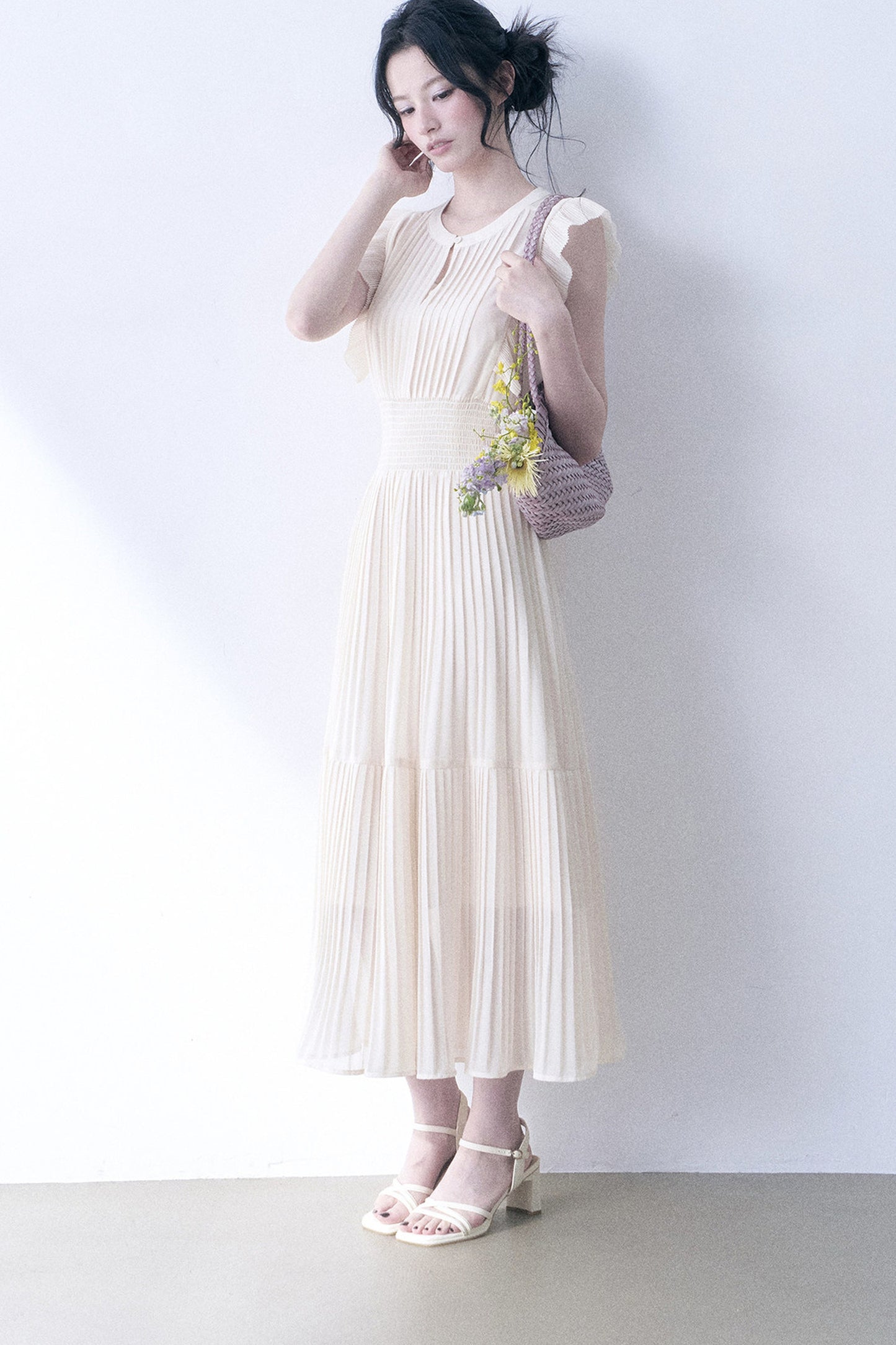 Beige Pleated Ruched Waist Dress