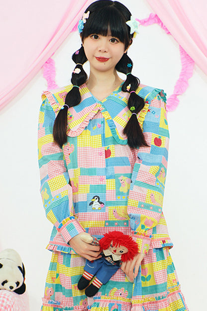 Patchwork Print Doll Collar Shirt