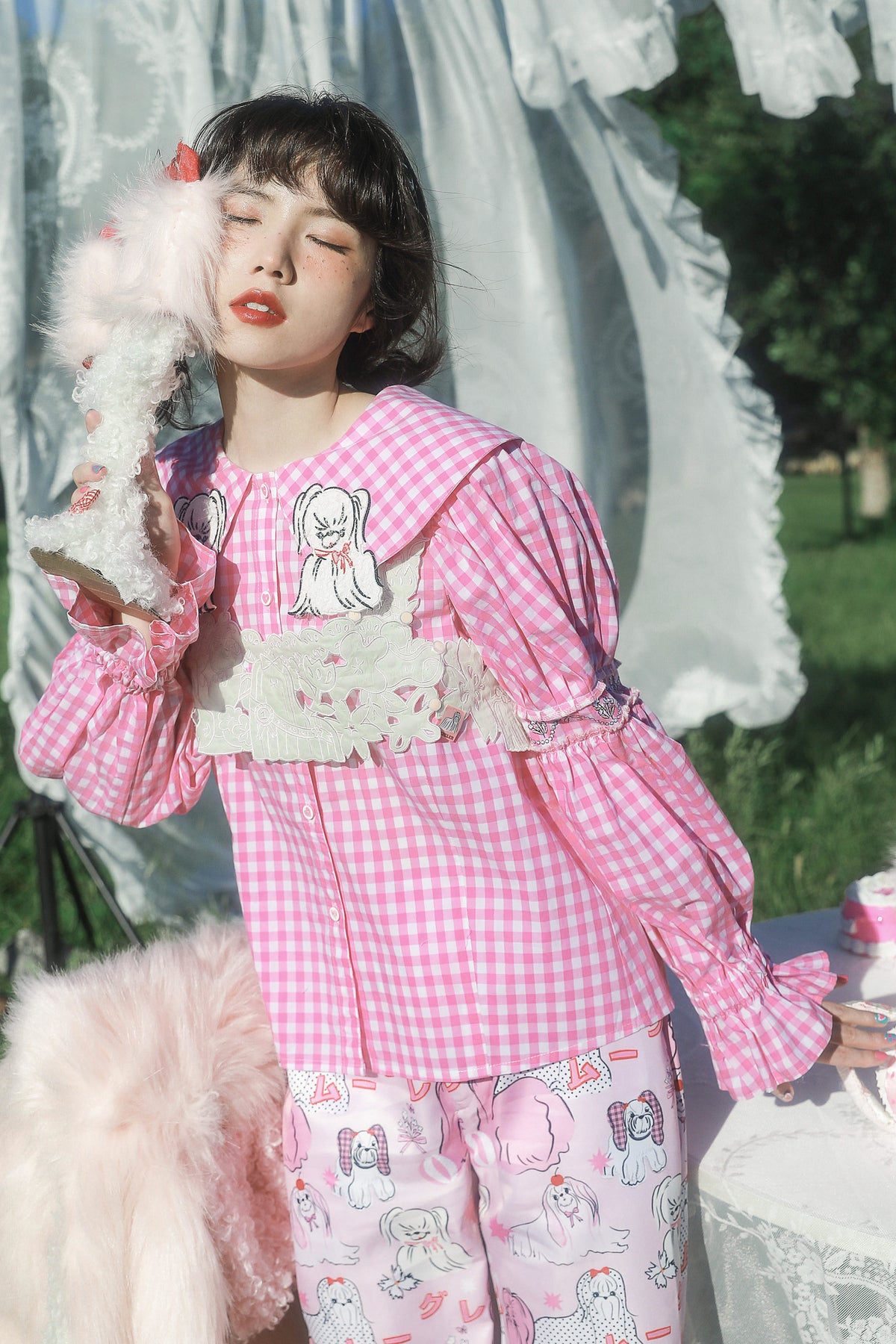 Dog Embroidered Plaid Puff Sleeve Shirt