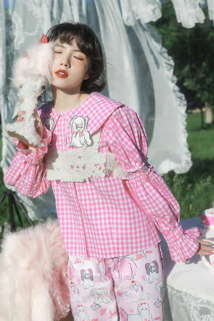 Dog Embroidered Plaid Puff Sleeve Shirt