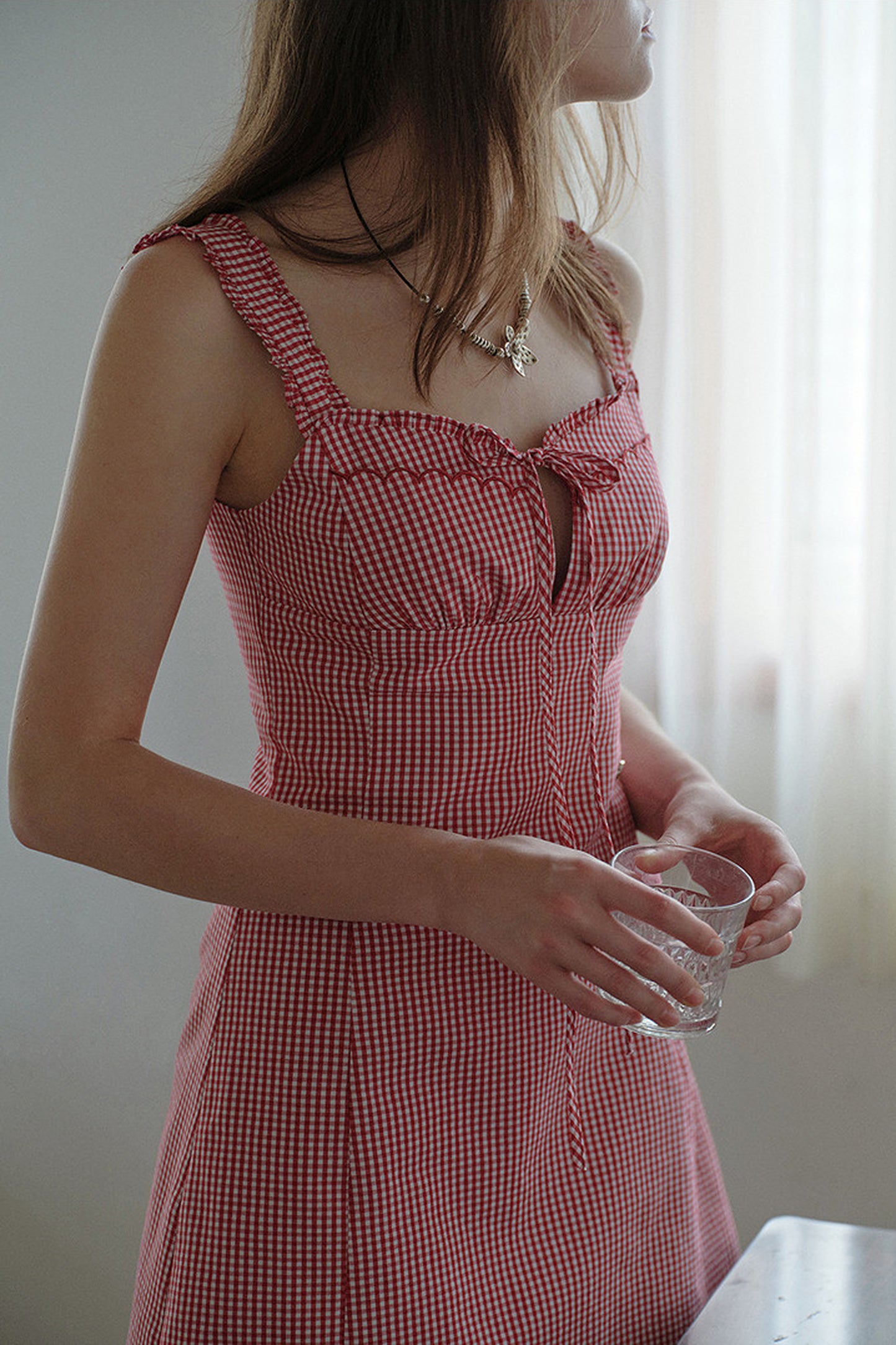 Red Gingham Ruffle Strap Dress