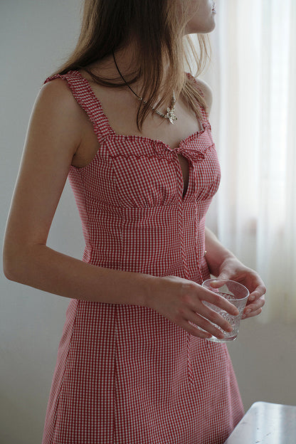 Red Gingham Ruffle Strap Dress