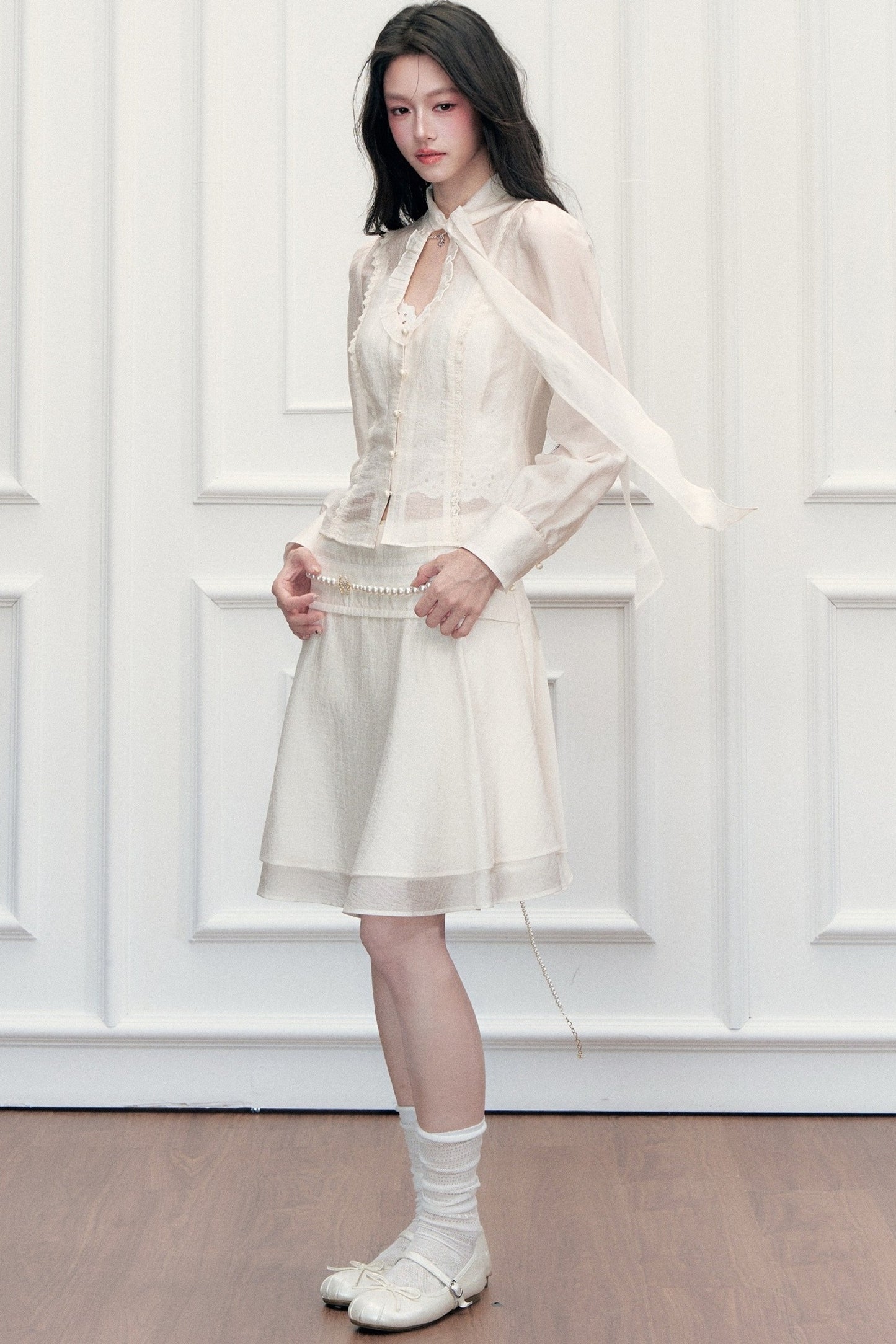Ribbon Tie Cutout Top and A-Line Short Skirt Set-Up