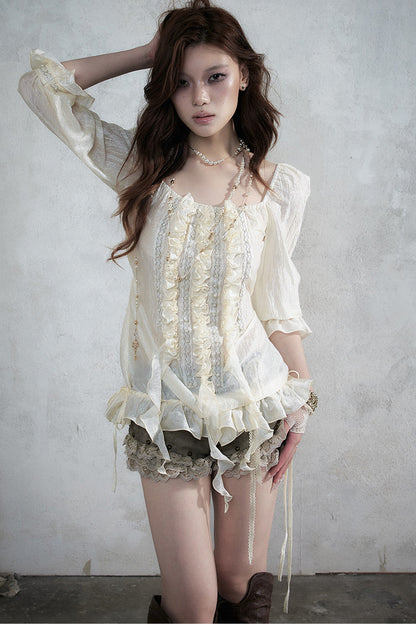 Ruffle Ribbon Puff Sleeve Blouse
