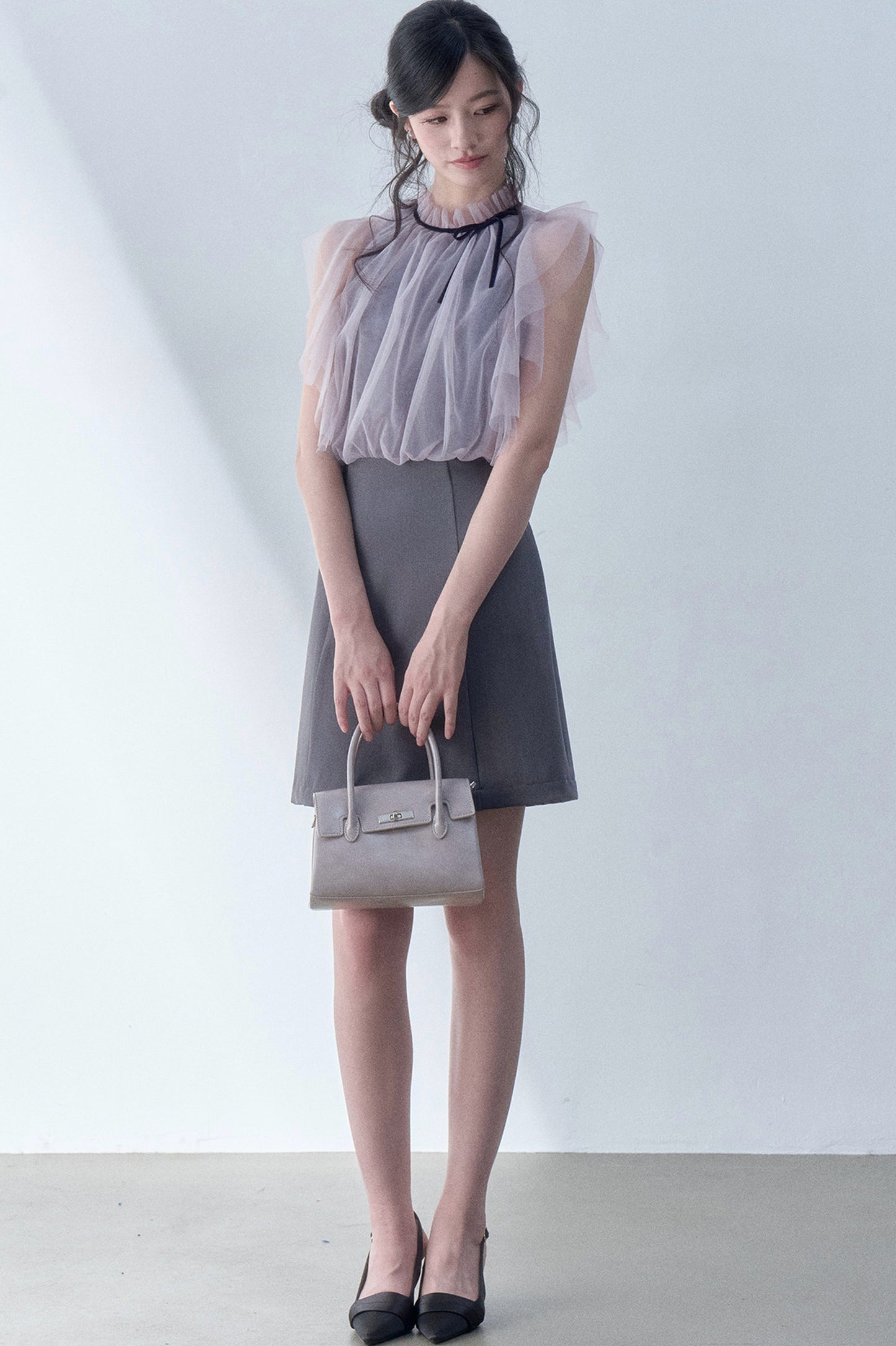 Pleated Mesh Flutter Sleeve Layered-Look Dress