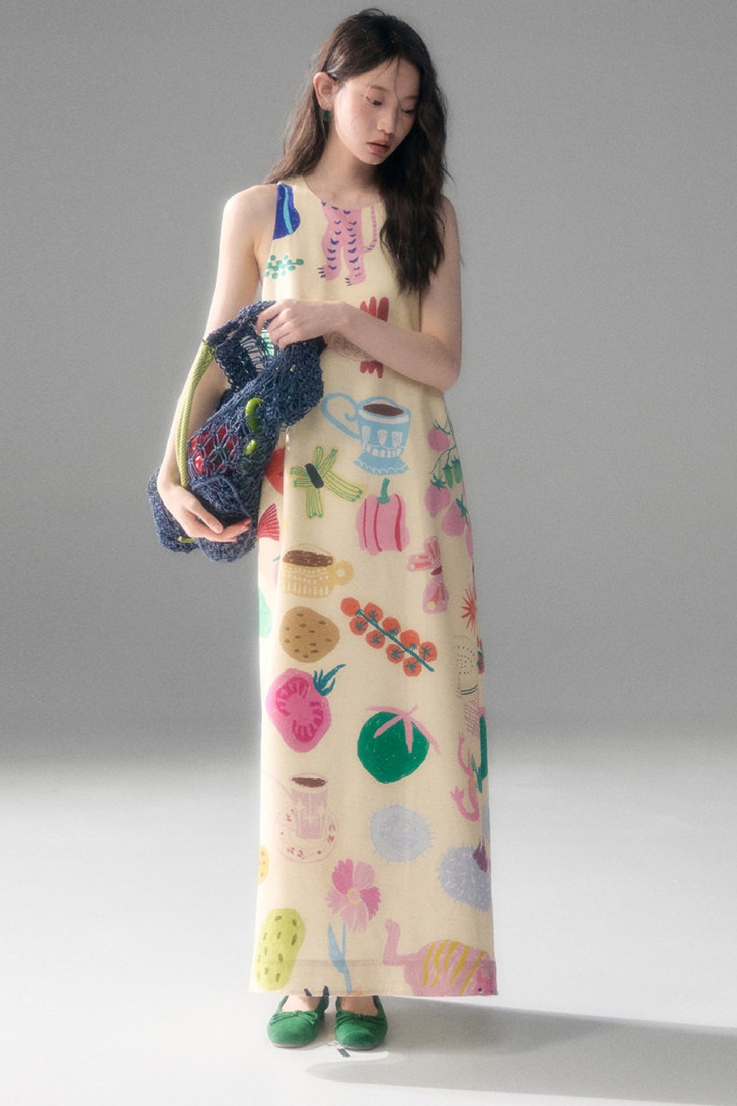 Hand-Painted Fruit Vegetable Print Sleeveless Vest Dress