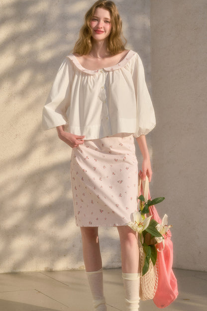 Floral Puff Sleeve Shirt and Skirt Set-Up