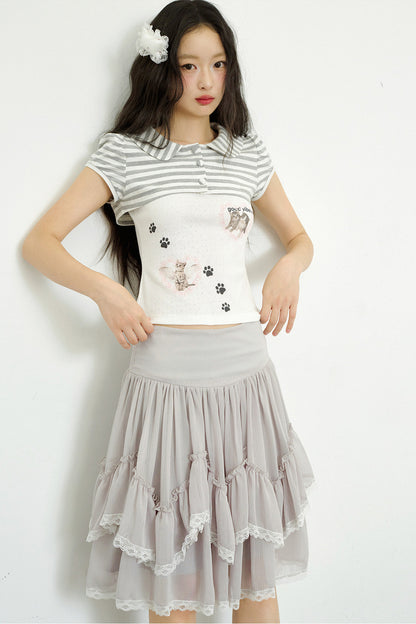 Cat Print Faux Two-Piece Knit Top