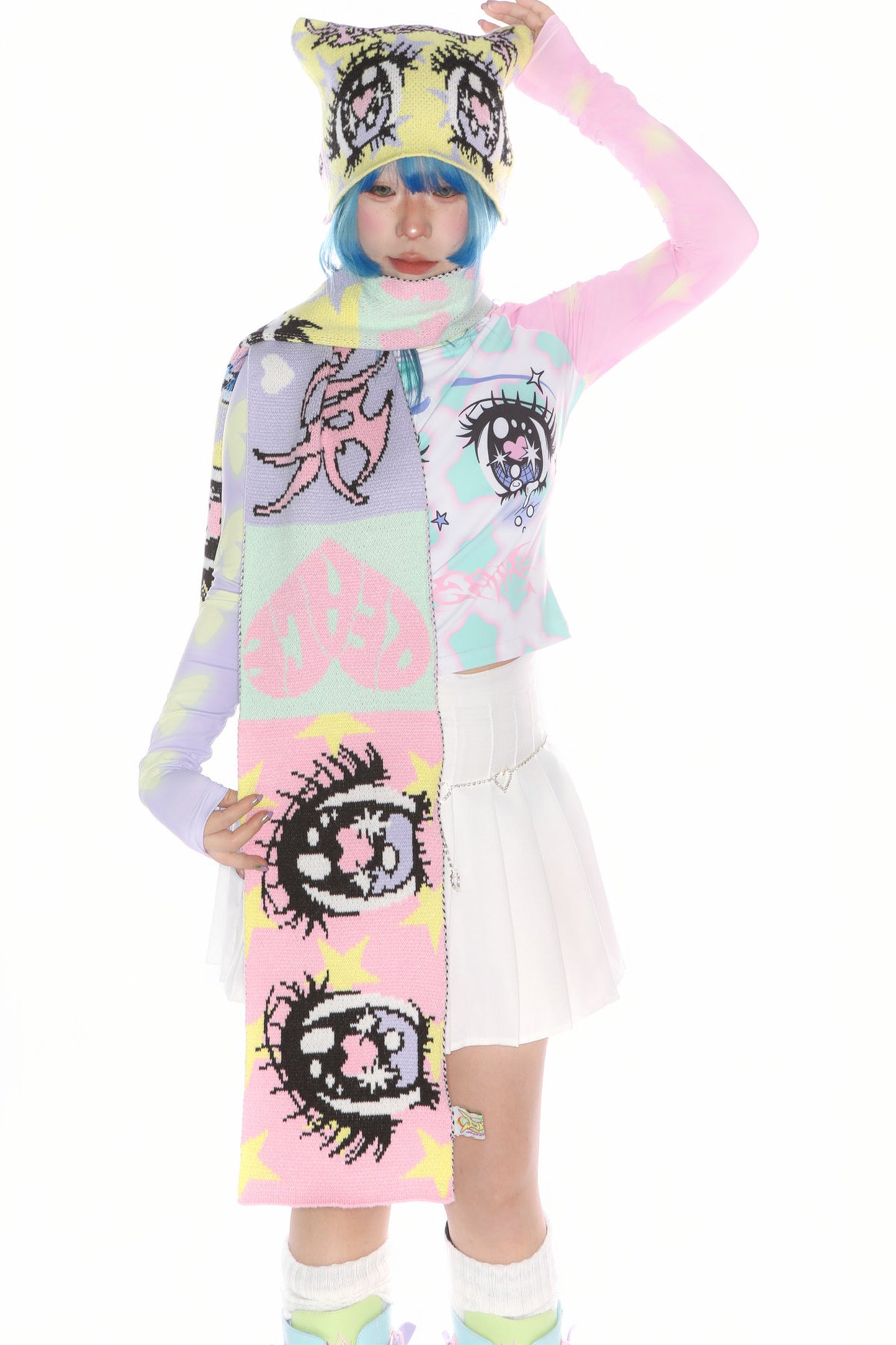 Comic Eye Knitted Long Scarf Set-Up