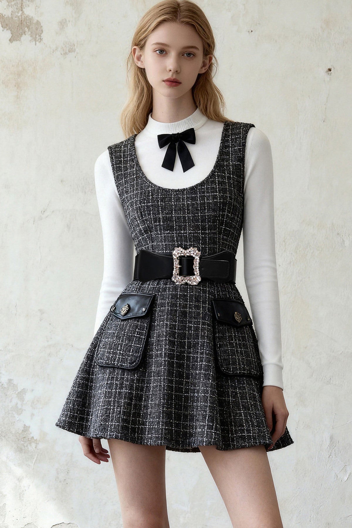 White Top Plaid Suspender Dress Set