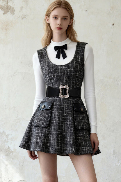 White Top Plaid Suspender Dress Set