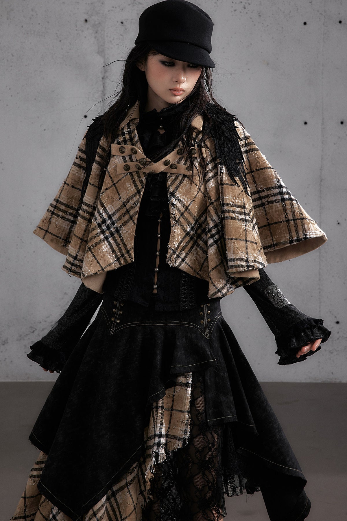 Reversible Wool Blend Plaid Cape