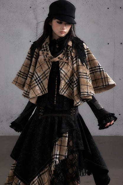 Reversible Wool Blend Plaid Cape