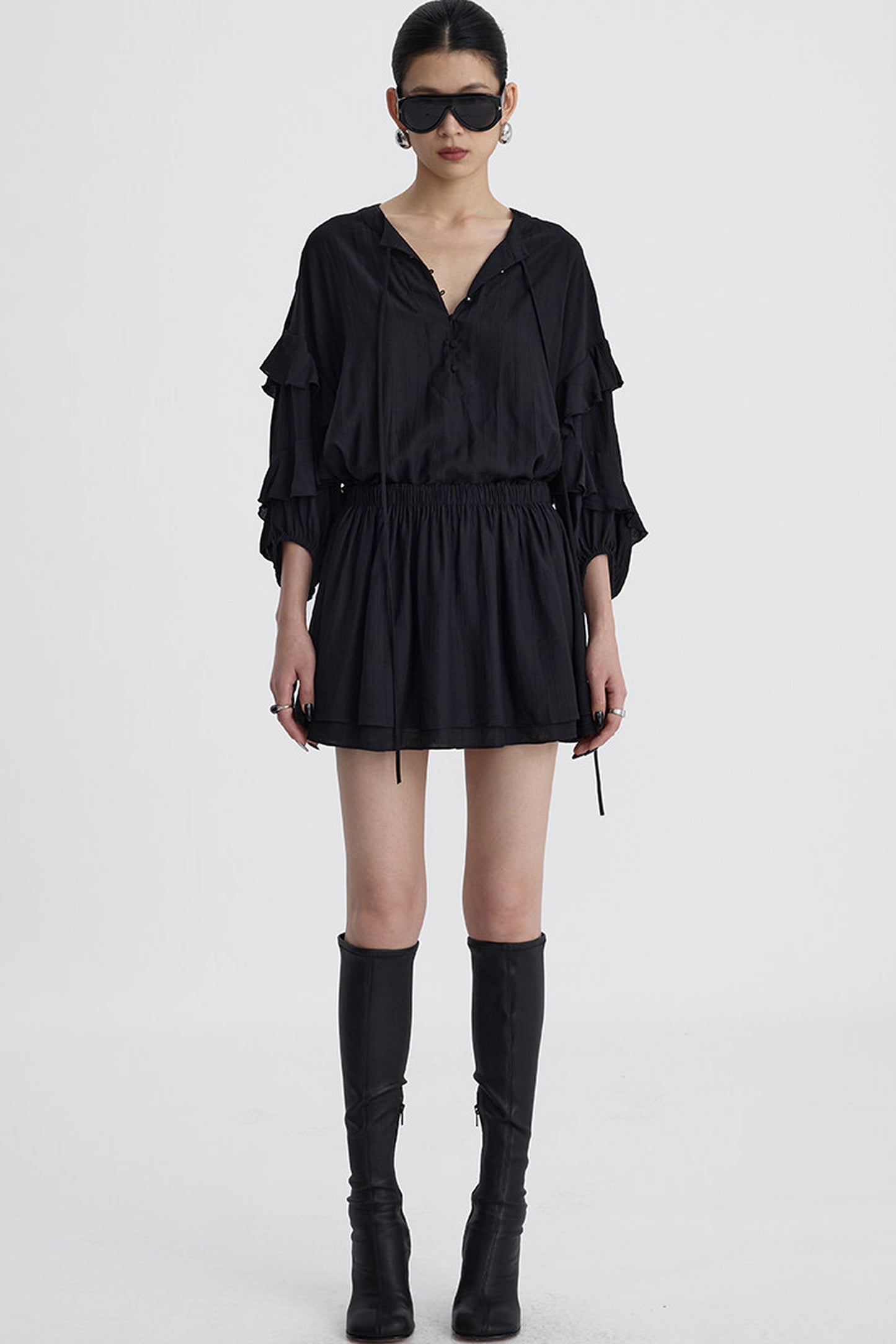 Black V-Neck Ruffle Lantern Sleeve Dress