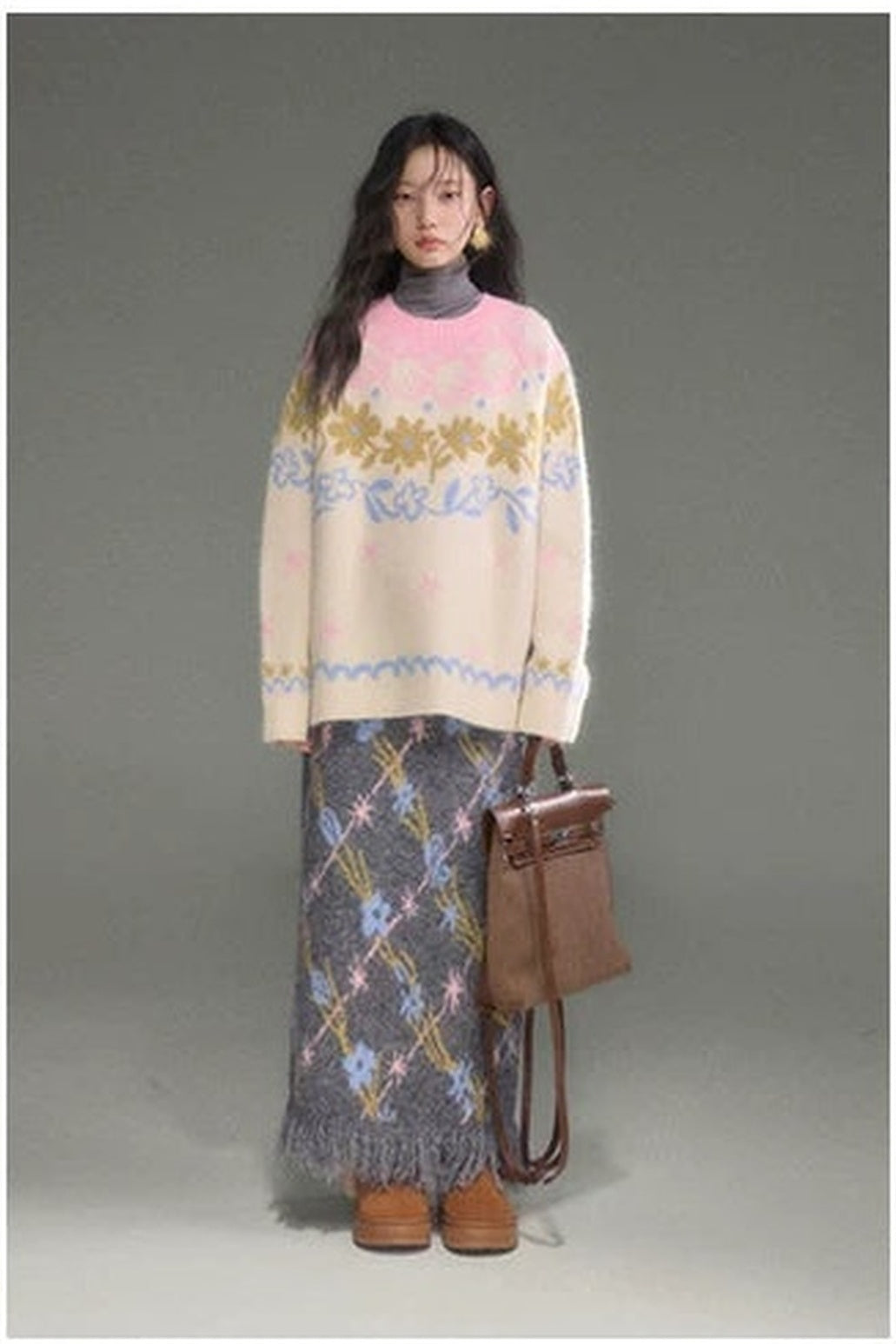 Tulip Floral Jacquard Knit Tassel Skirt