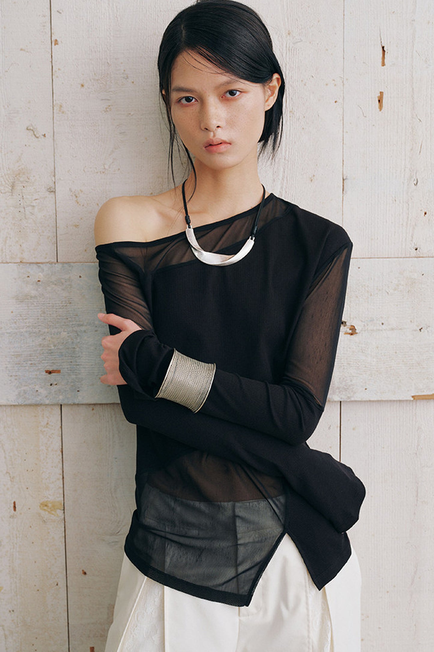 Asymmetrical Sheer Long Sleeve Blouse