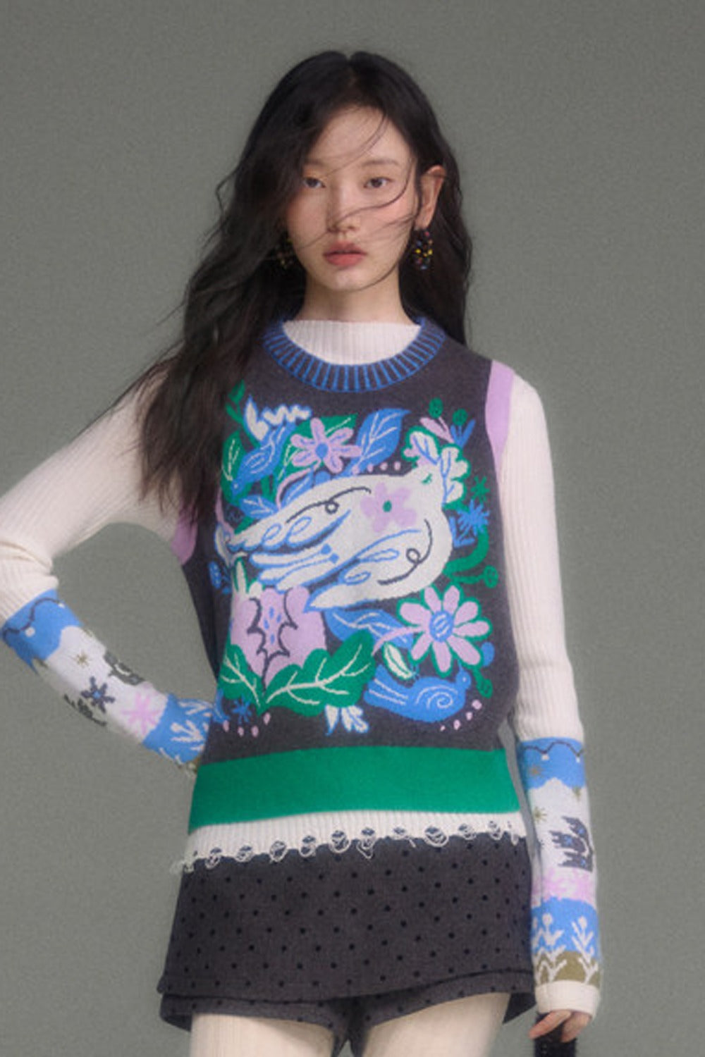 Wool Blend Bird Jacquard Knit Top