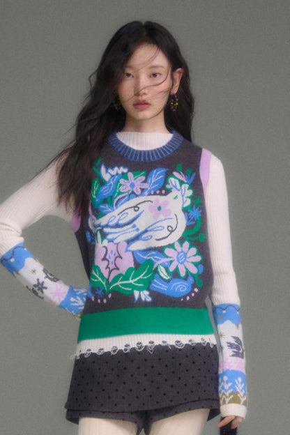 Wool Blend Bird Jacquard Knit Top