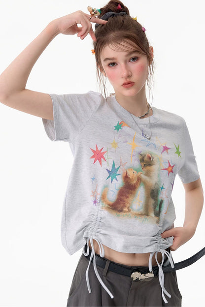 T-Shirt mit Katzenmotiv und Kordelzug