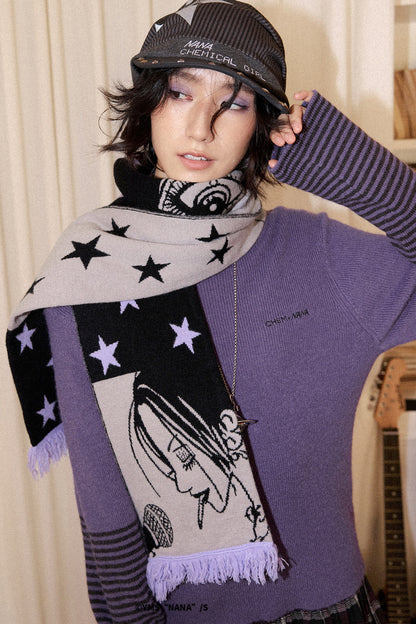 Gray Purple Nana Print Batwing Sweater