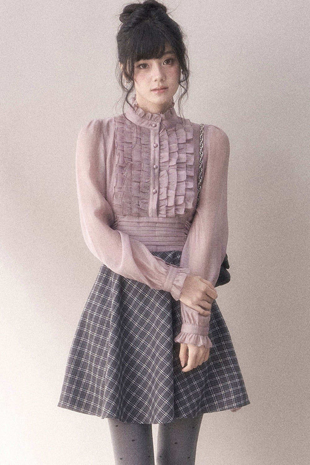 Gray-Purple Plaid Layered Pleated Stand-Collar Dress