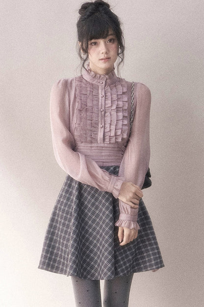 Gray-Purple Plaid Layered Pleated Stand-Collar Dress