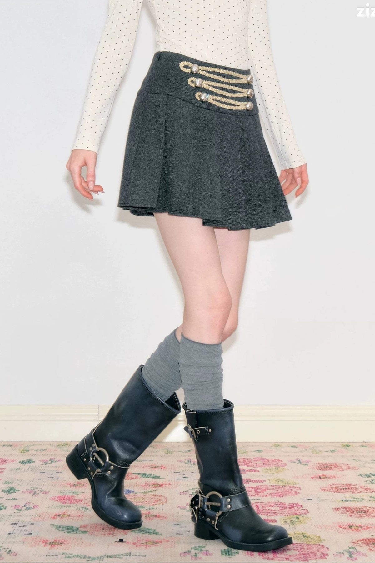 High-Waisted Double-Breasted Pleated Skirt