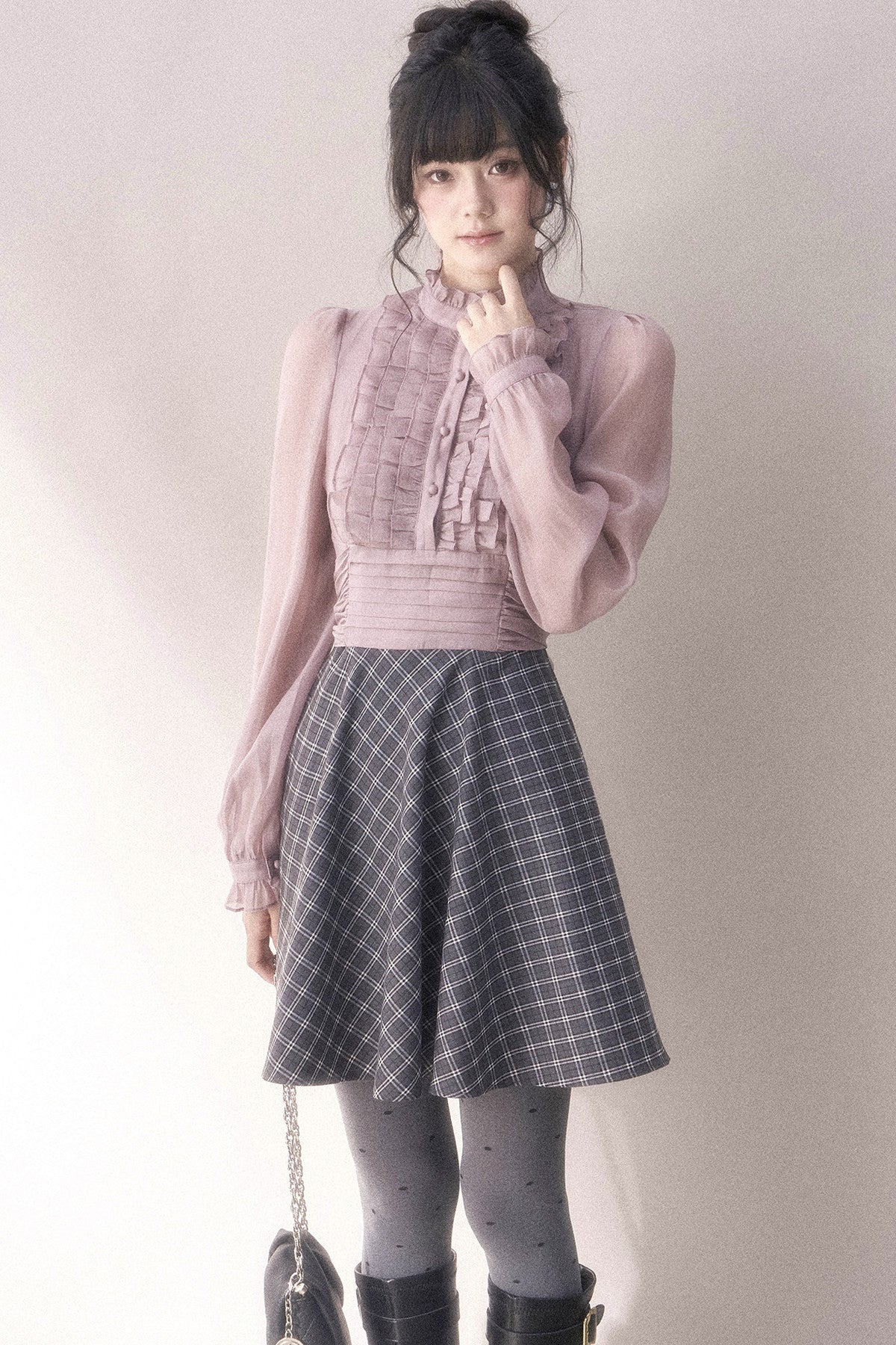 Gray-Purple Plaid Layered Pleated Stand-Collar Dress