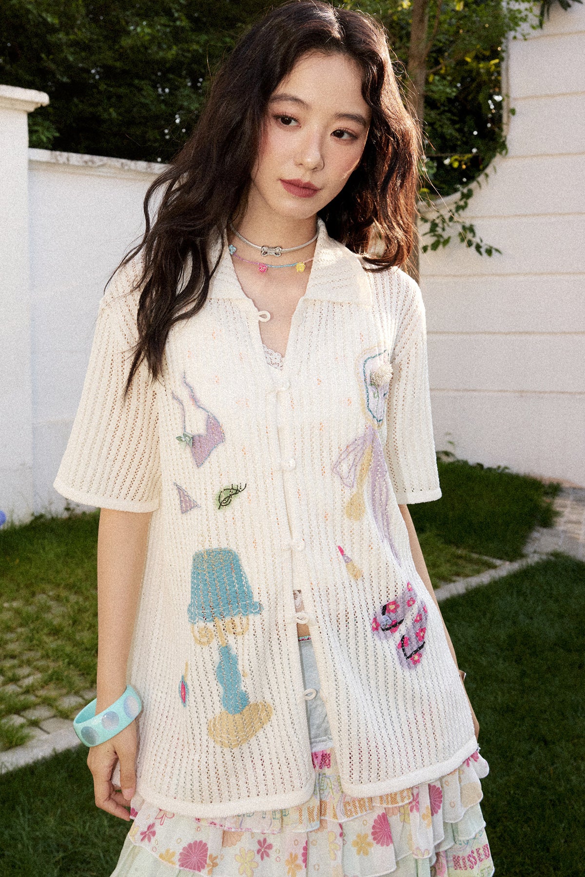 Perforated Long-Sleeved Vertical Stripe Printed Knit Set-Up
