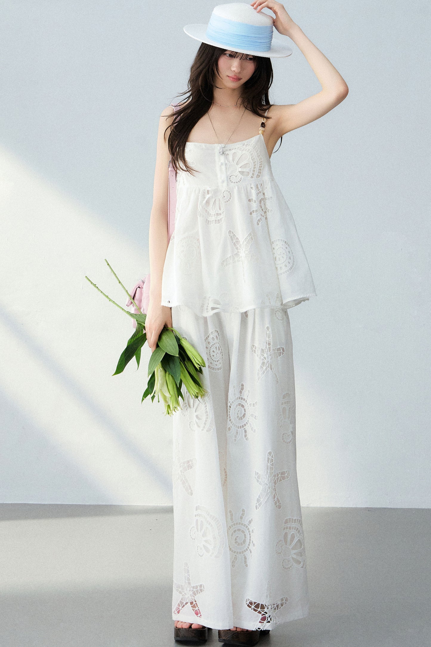 Ocean Hollow Beaded Camisole and Pants Set-Up