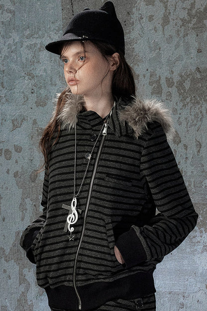 Fur Collar Striped Jacket