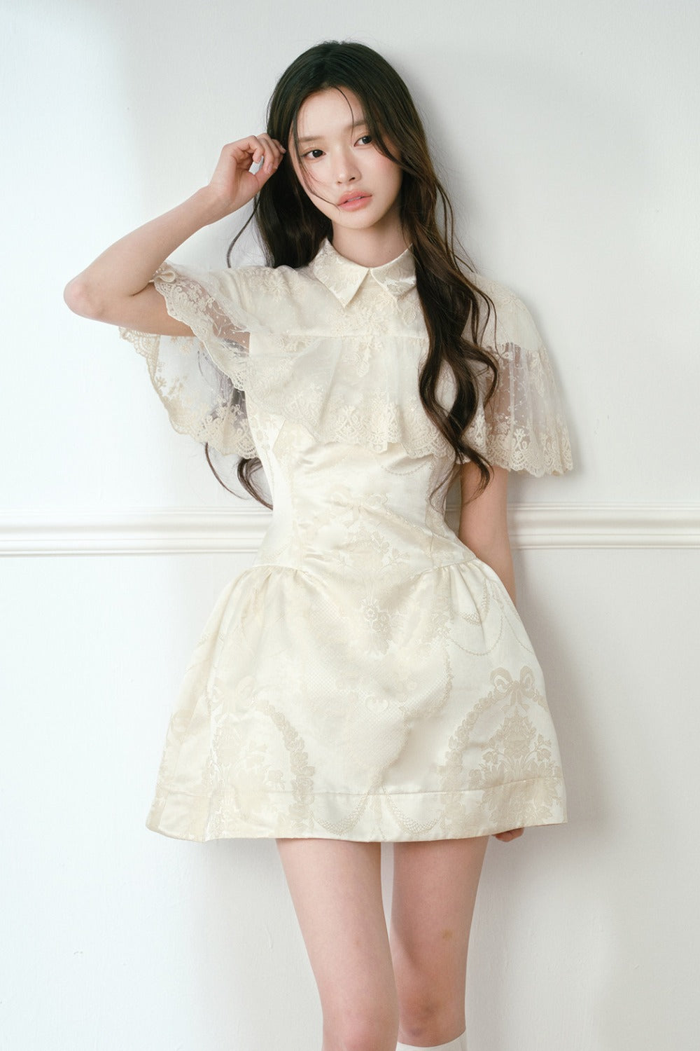 Champagne Satin Jacquard Cape-Style Puffy Dress