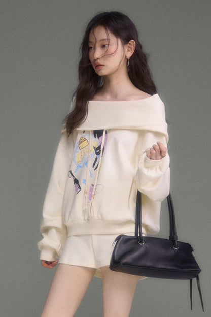 Cat Print Hooded Off-Shoulder Sweatshirt Shorts Set-Up