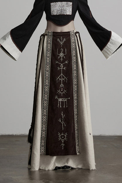 Embroidered Suede Panel Skirt