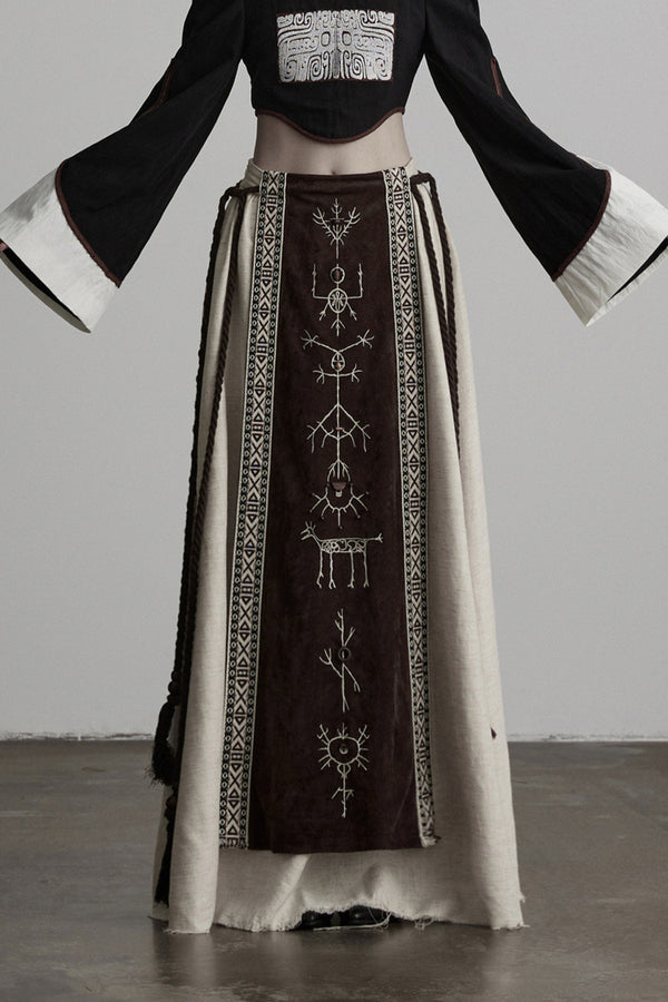 Embroidered Suede Panel Skirt