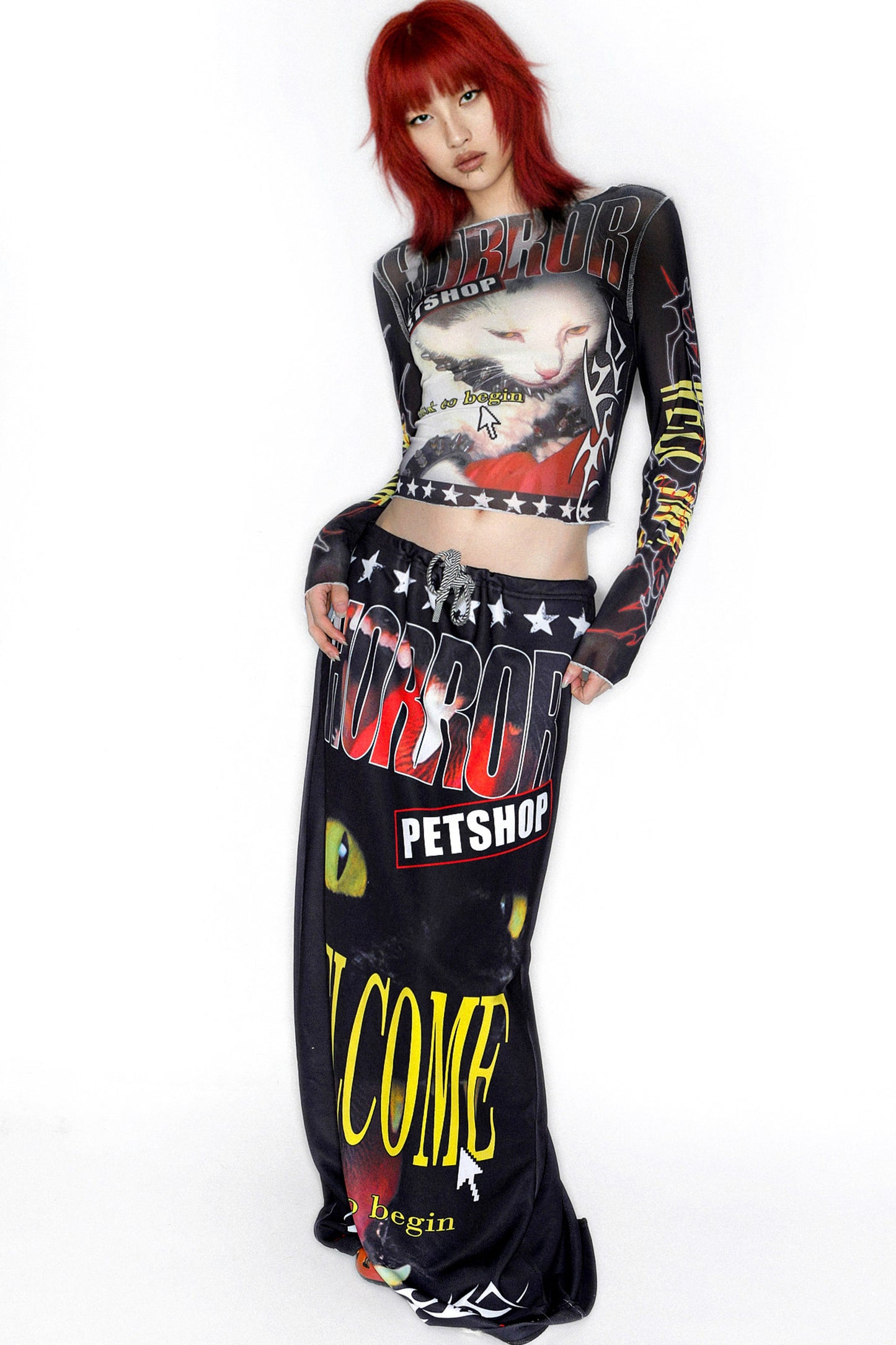 Y2K Graphic Long Sleeve Mesh Top