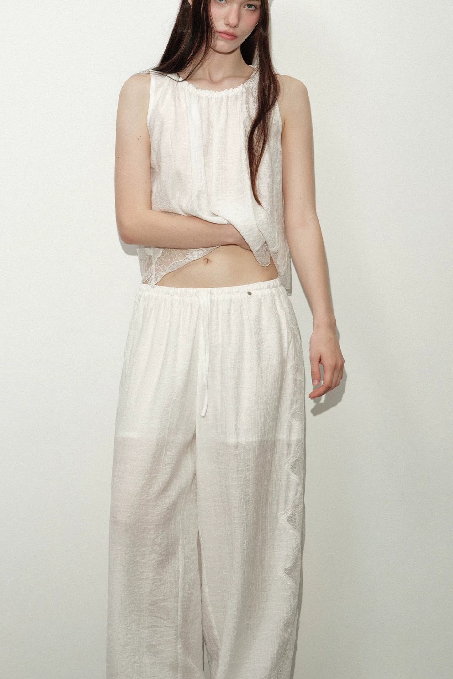 White Lace Trim Tank Top and Pants Set