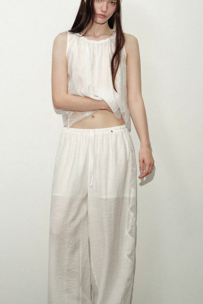 White Lace Trim Tank Top and Pants Set