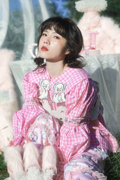 Dog Embroidered Plaid Puff Sleeve Shirt