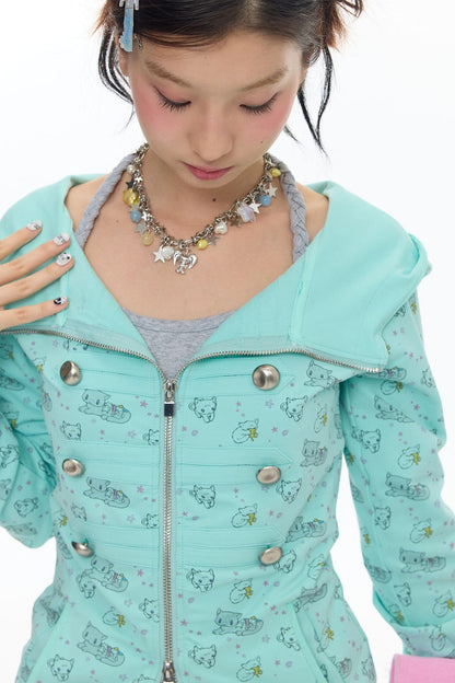 Mint Green Frog Double-Breasted Zipper Jacket