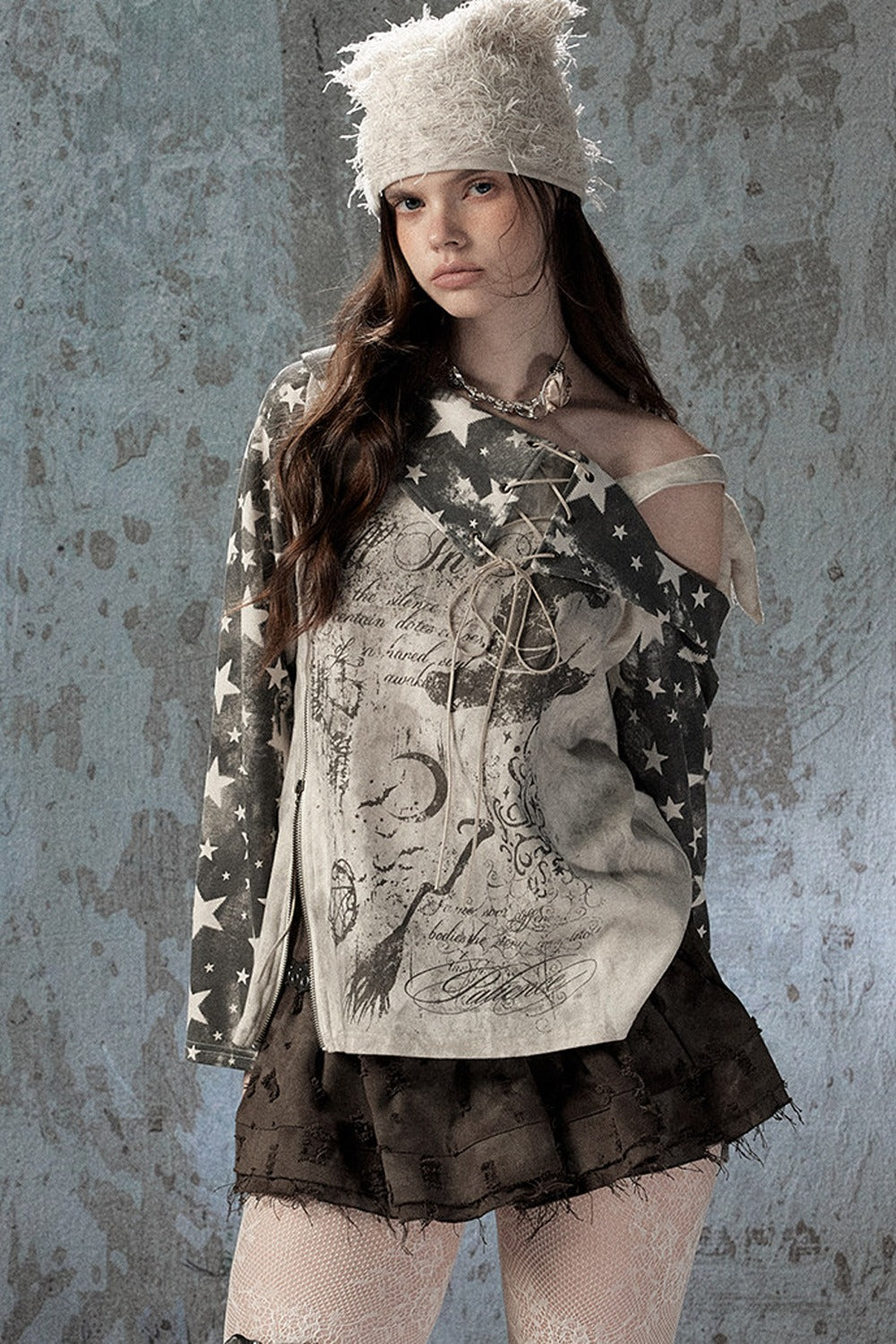 Plaid Wing Off-Shoulder Long-Sleeve T-Shirt