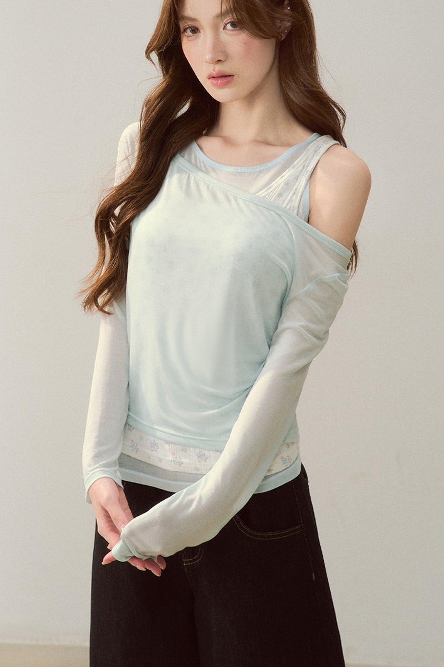 Cooling Layered-Look Long-Sleeve Blouse Set