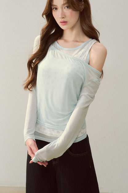 Cooling Layered-Look Long-Sleeve Blouse Set