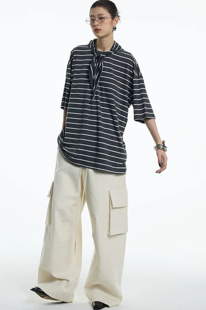 Oversize Gray White Striped Mid-Sleeve Tee